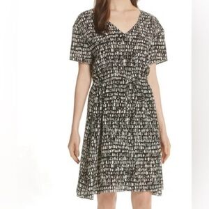 Eileen Fisher Printed Silk Drawstring Dress L Seraglio Capsule Classic Black